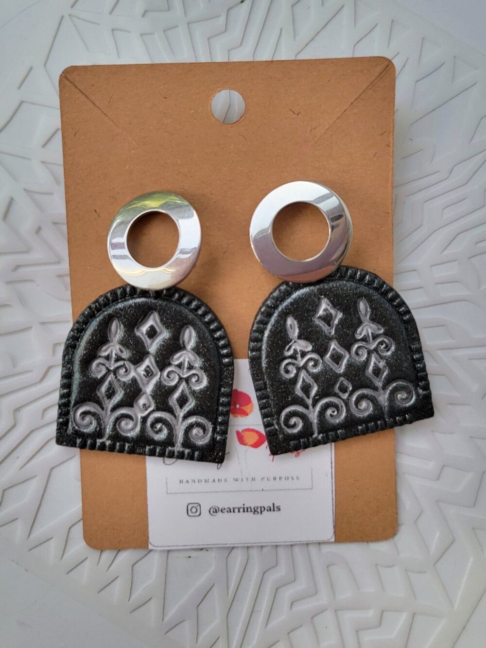 Handmade Black & Silver Folk Art Polymer Clay Earrings
